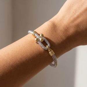 Two Tone Cable Cuff Bracelet With Cz Buckle