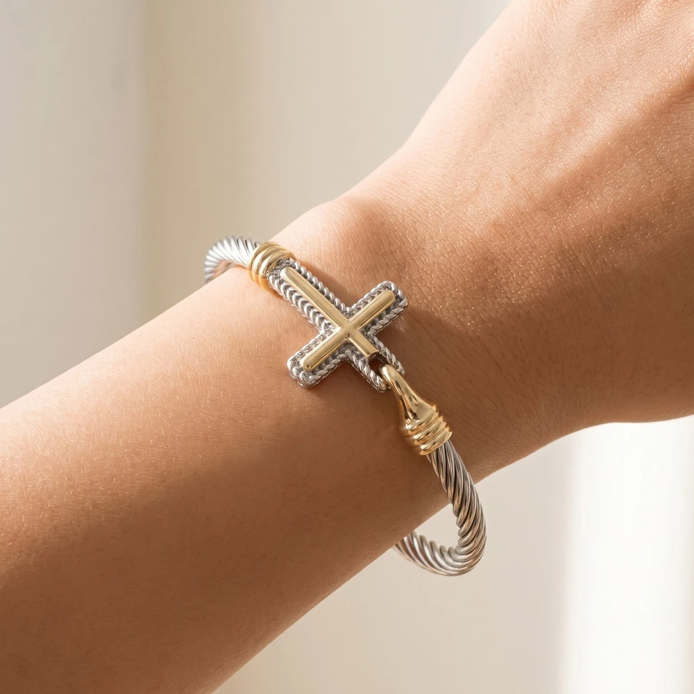 Two Tone Cable Cuff Bracelet With Cz Cross