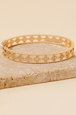 Gold Dipped Cz Pave Clover Row Hinge Bangle Bracelet