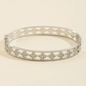 Milgrain Edge Pave Cz Clover Bangle Bracelet