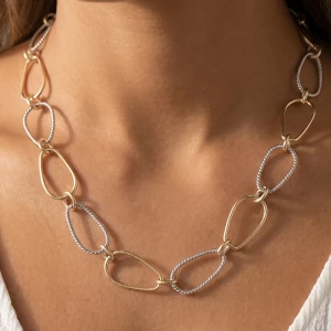 Two Tone Textured Oval Link Chain Necklace