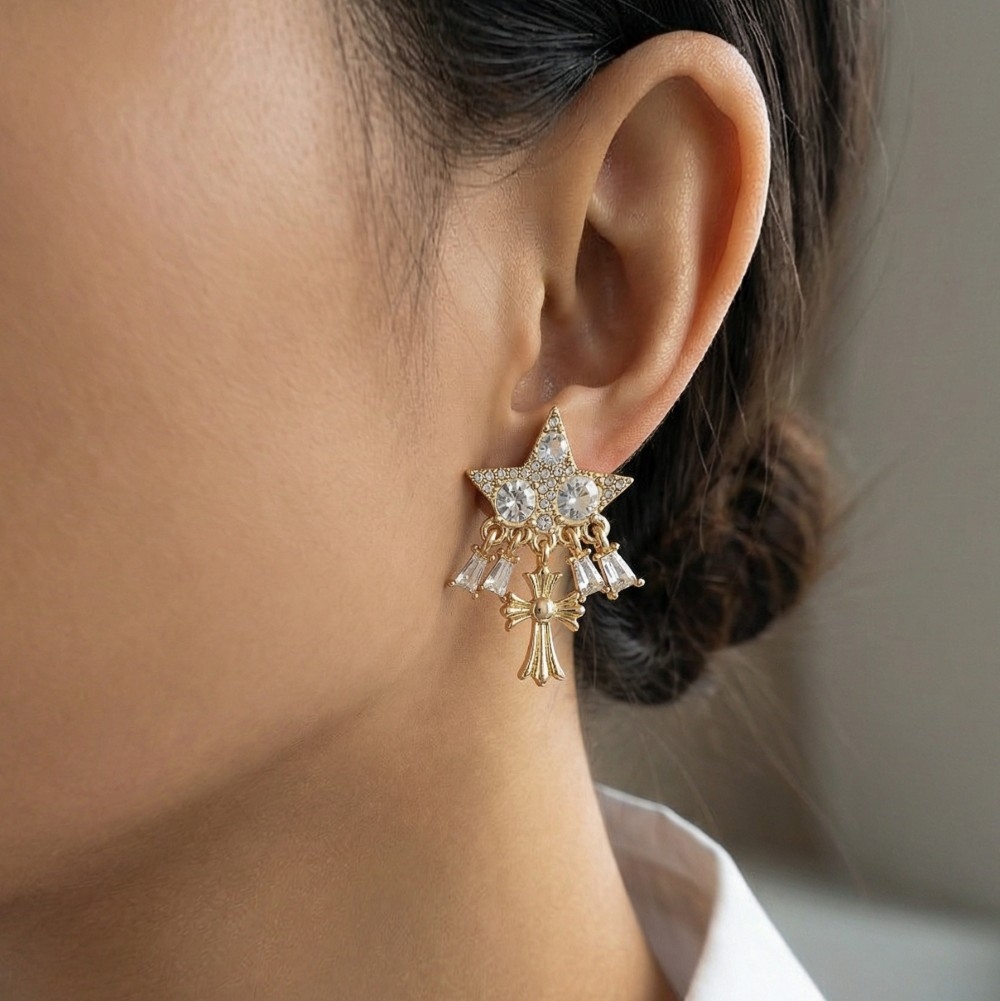 Intricate Pave Baguette Star And Cross Stud Earrings