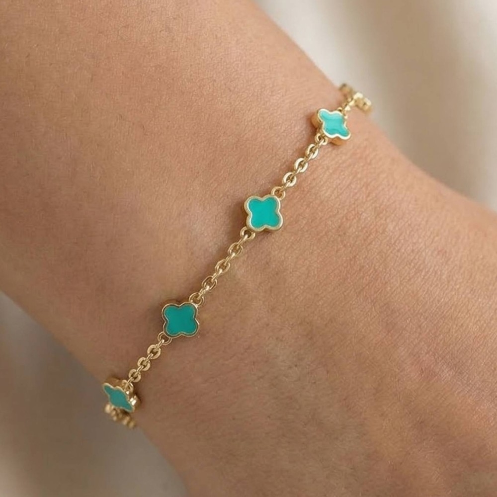 Gold Dipped Station Clover Charms Chain Bracelet