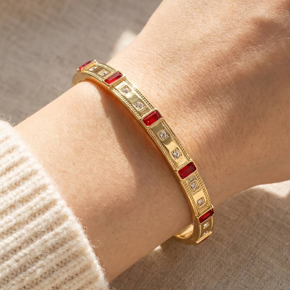 Gold Dipped Cz Baguette Panel Hinged Bangle Bracelet