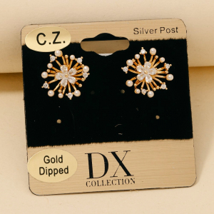 Gold Dipped Cz Pearl Flower Stud Earrings