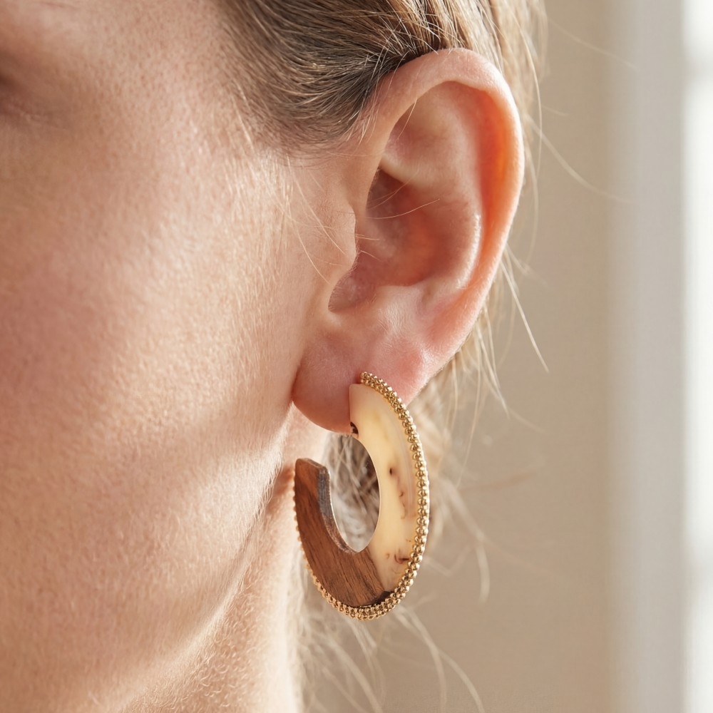 Wood And Resin Flat Hoop Earrings