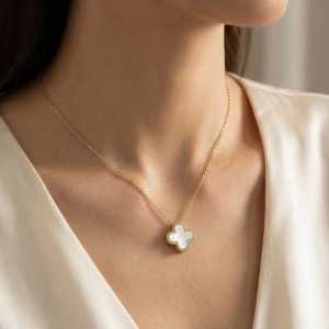 Gold Dipped Cz Halo Shell Clover Pendant Necklace