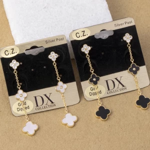Gold Dipped Cz Clover Station Drop Earrings
