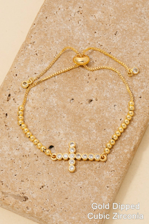 Gold Dipped Cz Studded Cross Charm Beaded Bracelet