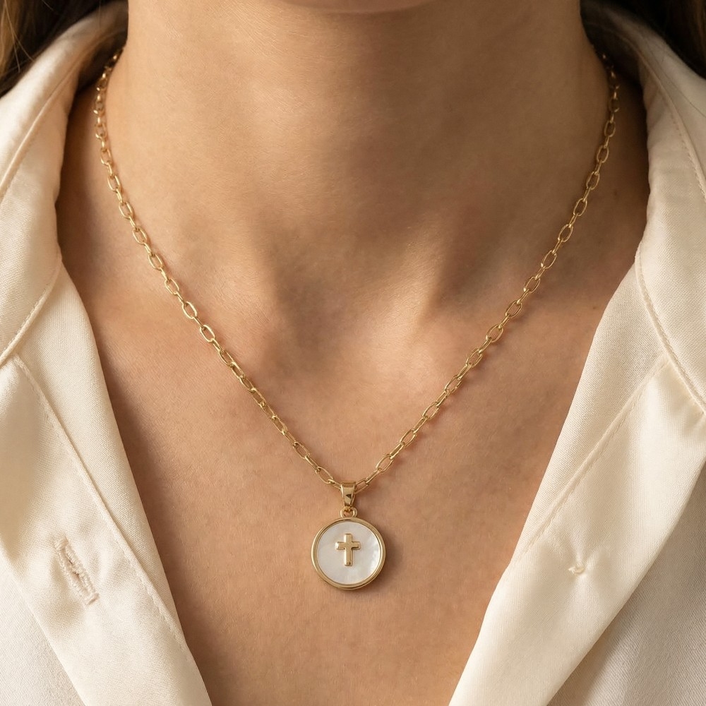 Gold Dipped Cross Coin Pendant Necklace