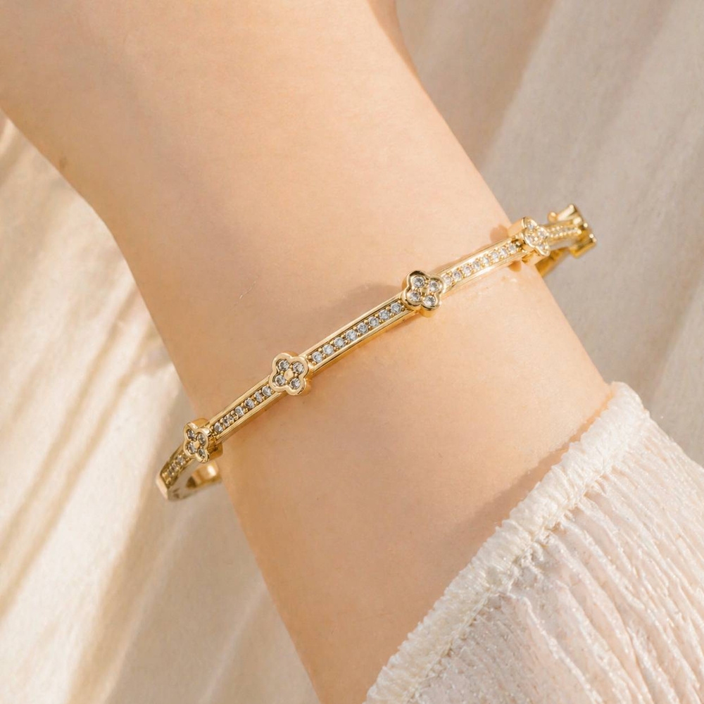 Gold Dipped Cz Pave Clover Station Bangle Bracelet