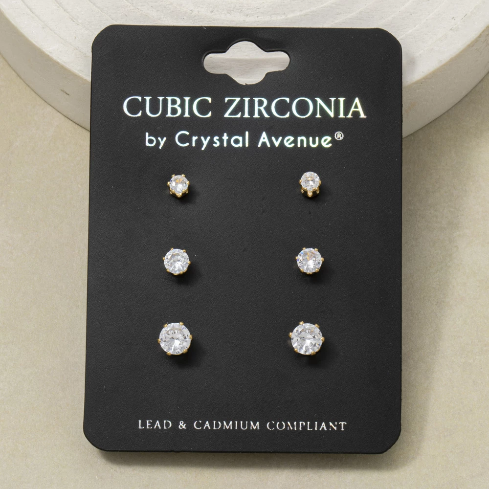 Cubic Zirconia Round Stud Earrings 3 Pair Set