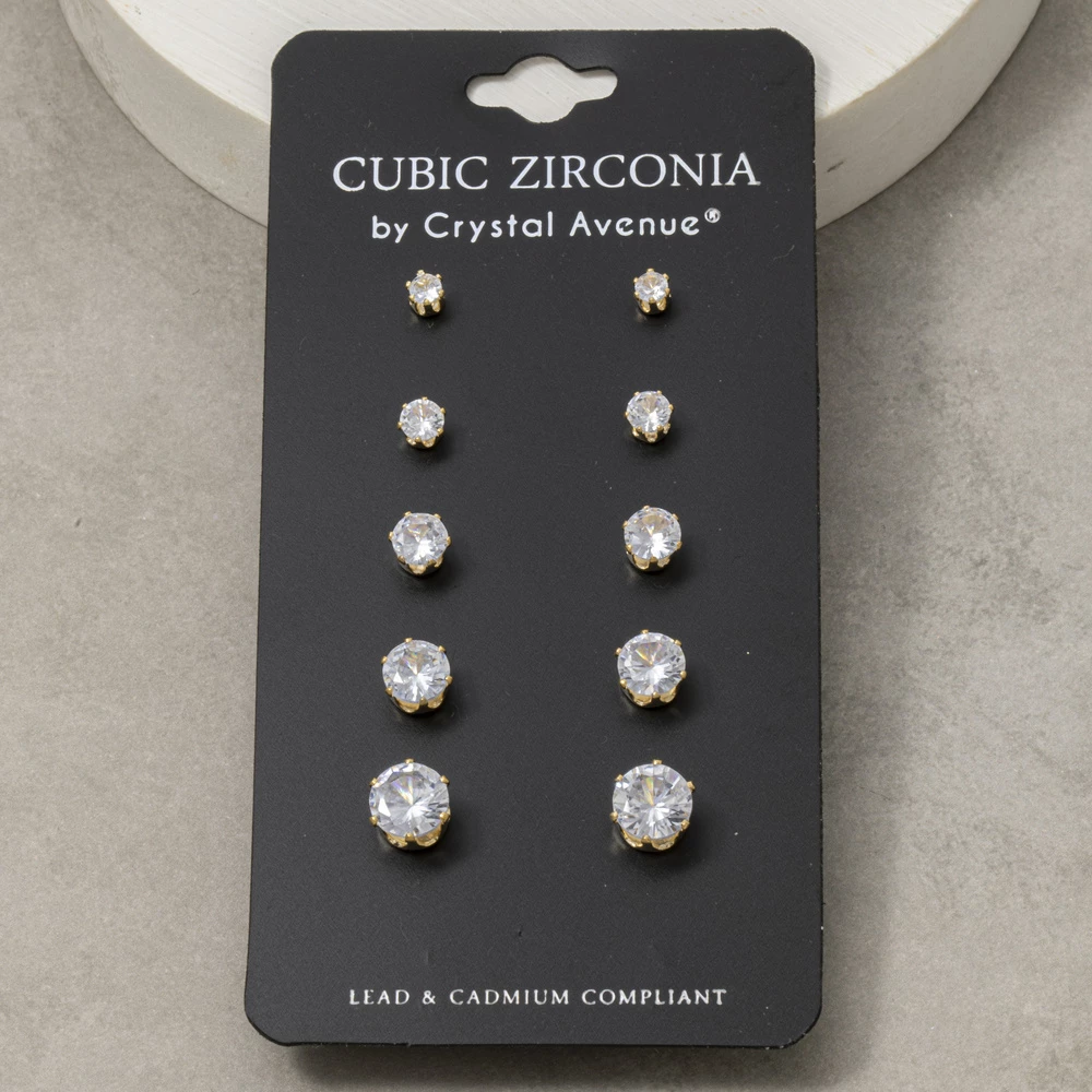Graduated Cz Round Stud Earrings 5 Pair Set