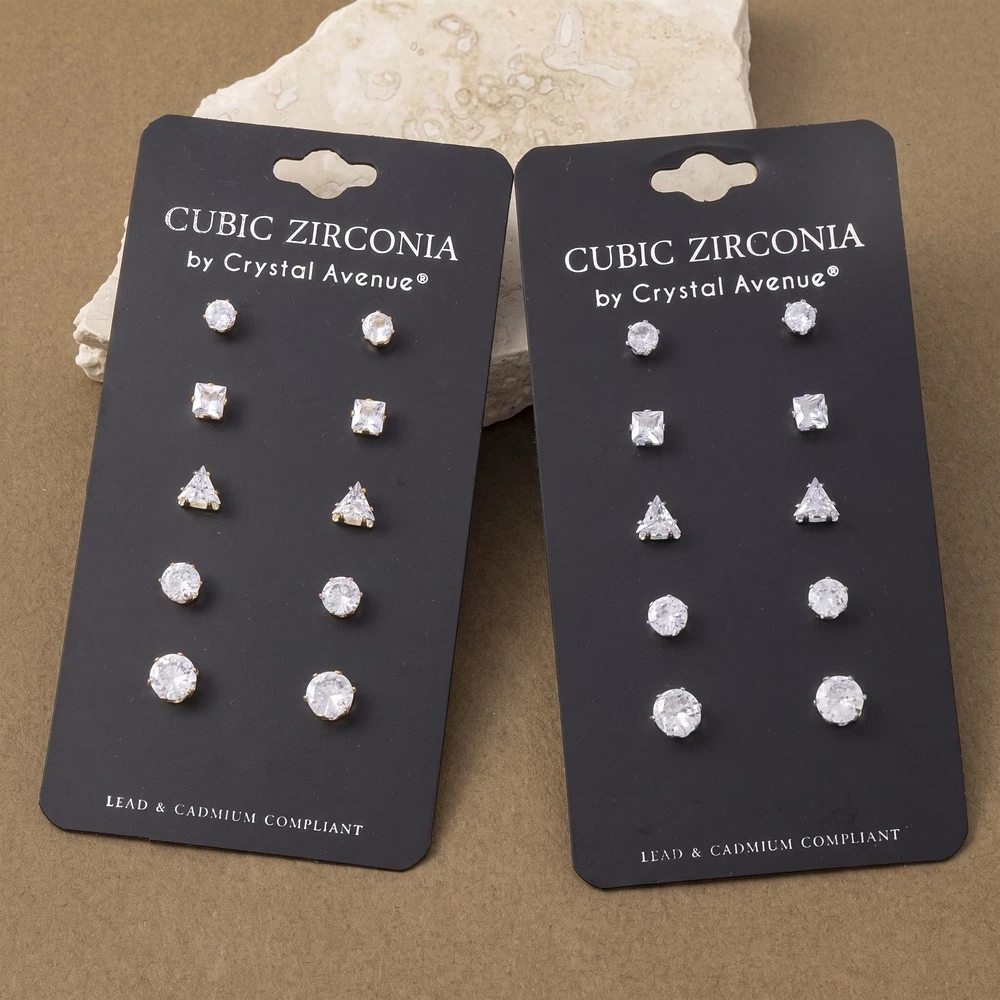Five Pair Cz Multi Shape Stud Earrings Set