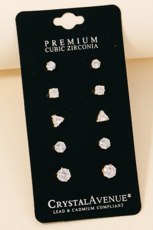 5 Pair Cz Stud Earrings Set