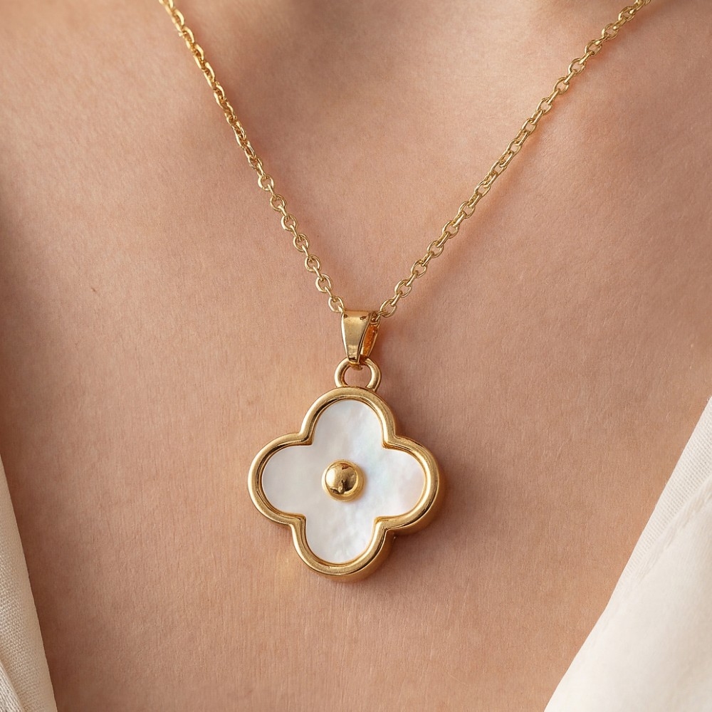 Gold Dipped Mother Of Pearl Clover Pendant Necklace