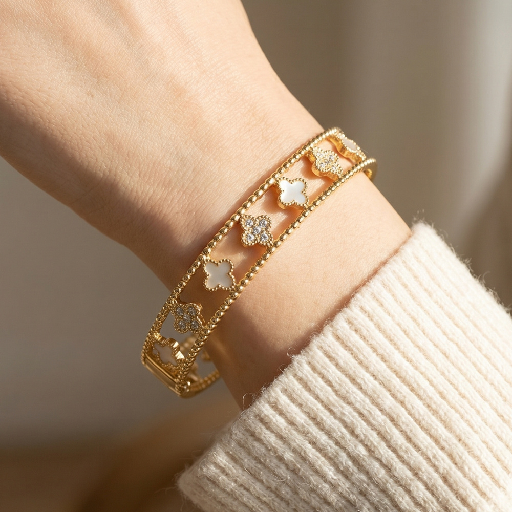 Gold Dipped Clover Cz Bangle Bracelet