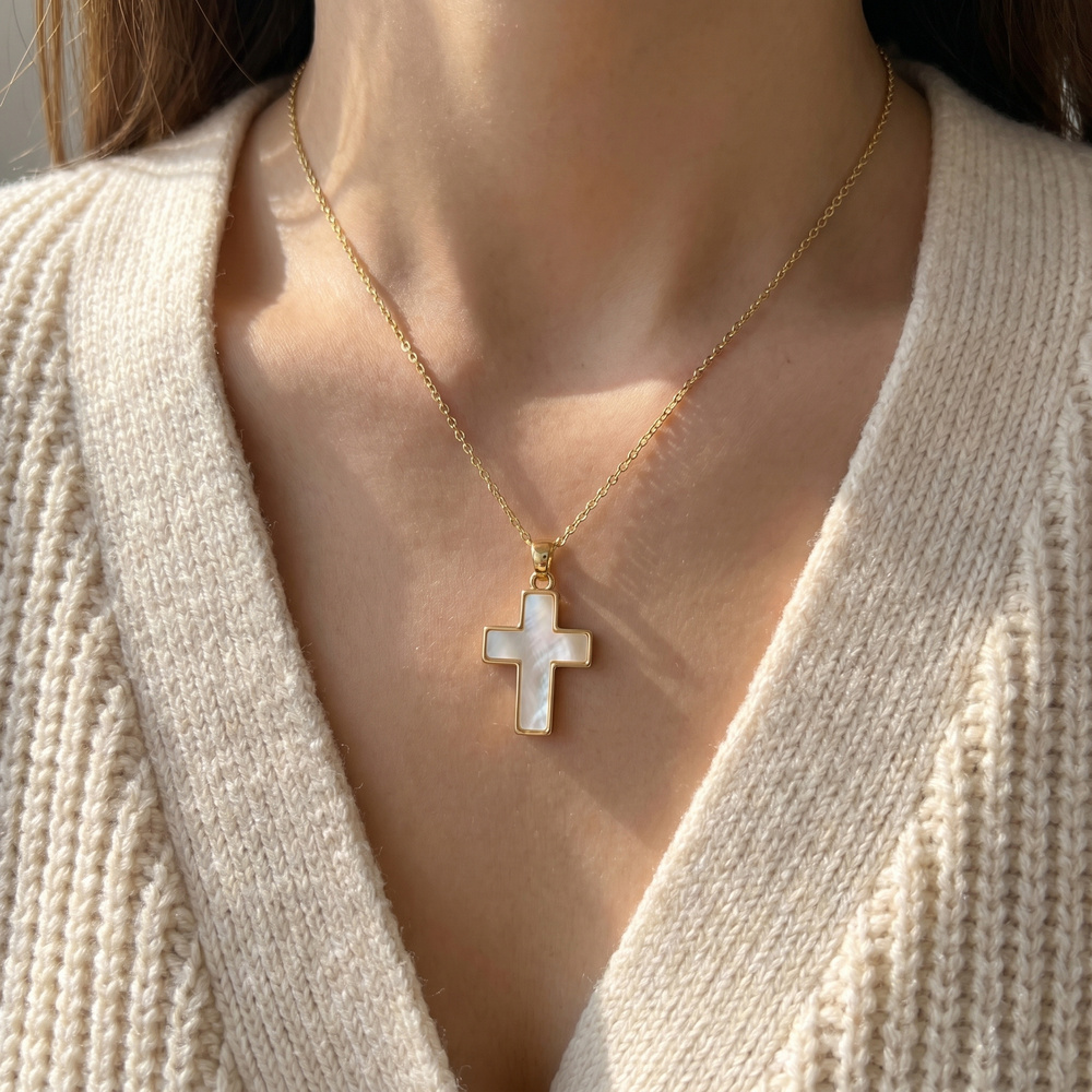 Gold Dipped Mother Of Pearl Cross Pendant Necklace