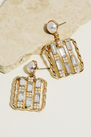 Rhinestone And Pearl Square Dangle Earrings