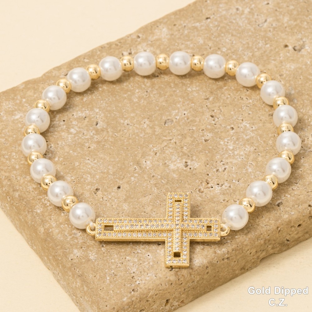 Gold Dipped Cz Cross Pearl Beads Bracelet