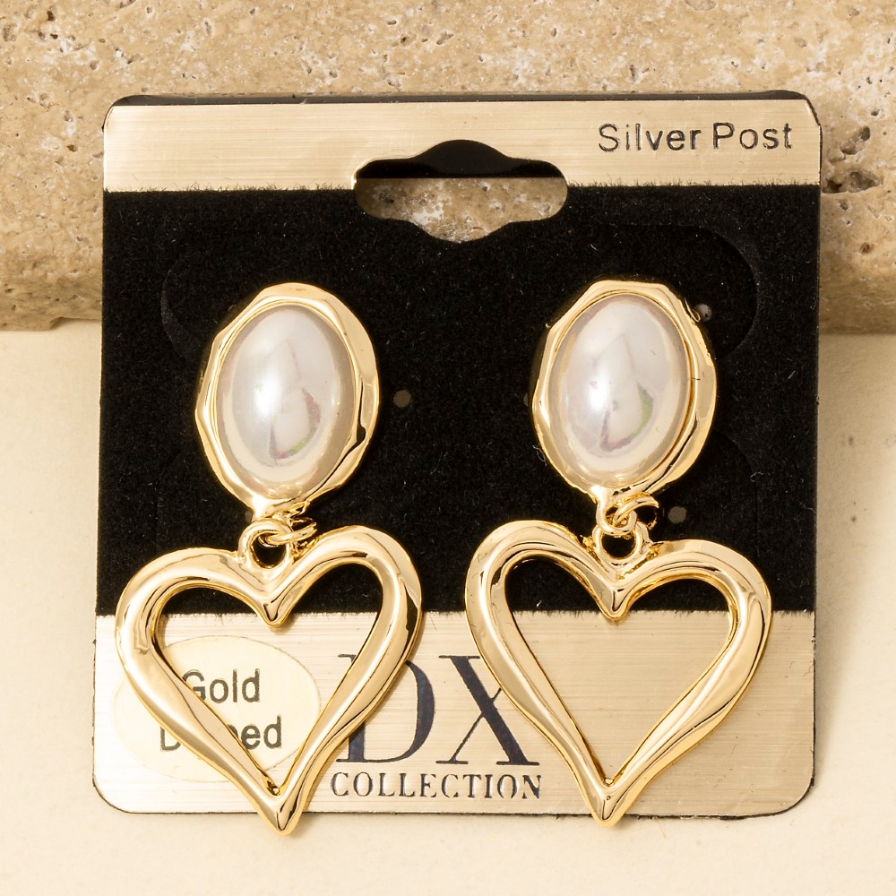 Gold Dipped Oval Pearl And Heart Dangle Earrings