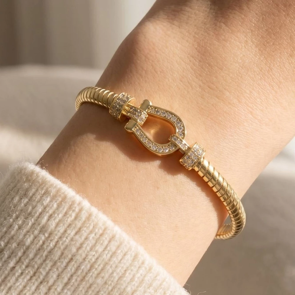 Gold Dipped Cz Pave Buckle Ribbed Bangle Bracelet