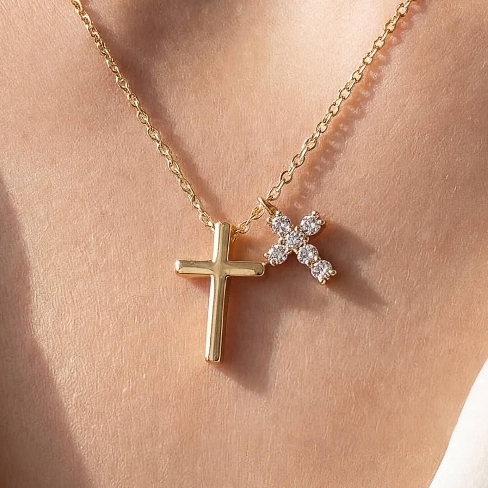 Gold Dipped And Cz Cross Charms Necklace