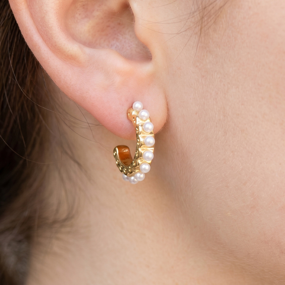 Gold Dipped Pearl Accent Huggie Hoop Earrings