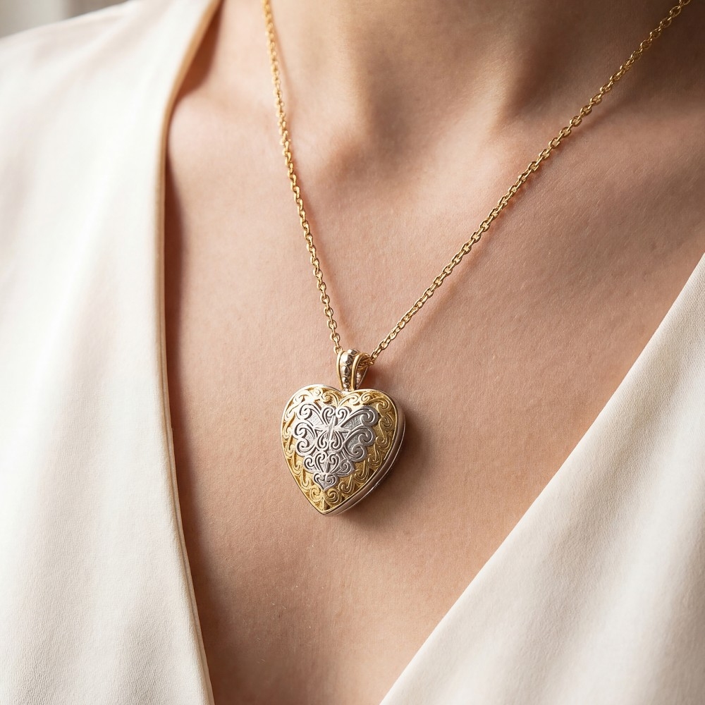 Two Tone Filigree Heart Pendant Necklace