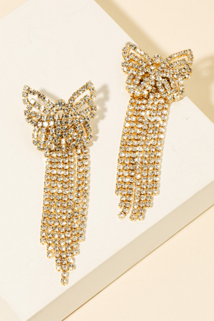 Rhinestone Pave Fringe Ribbon Bow Stud Drop Earrings