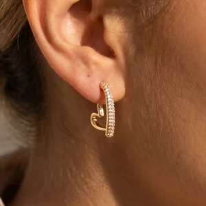 Half Pave Cz Open Heart Hoop Earrings