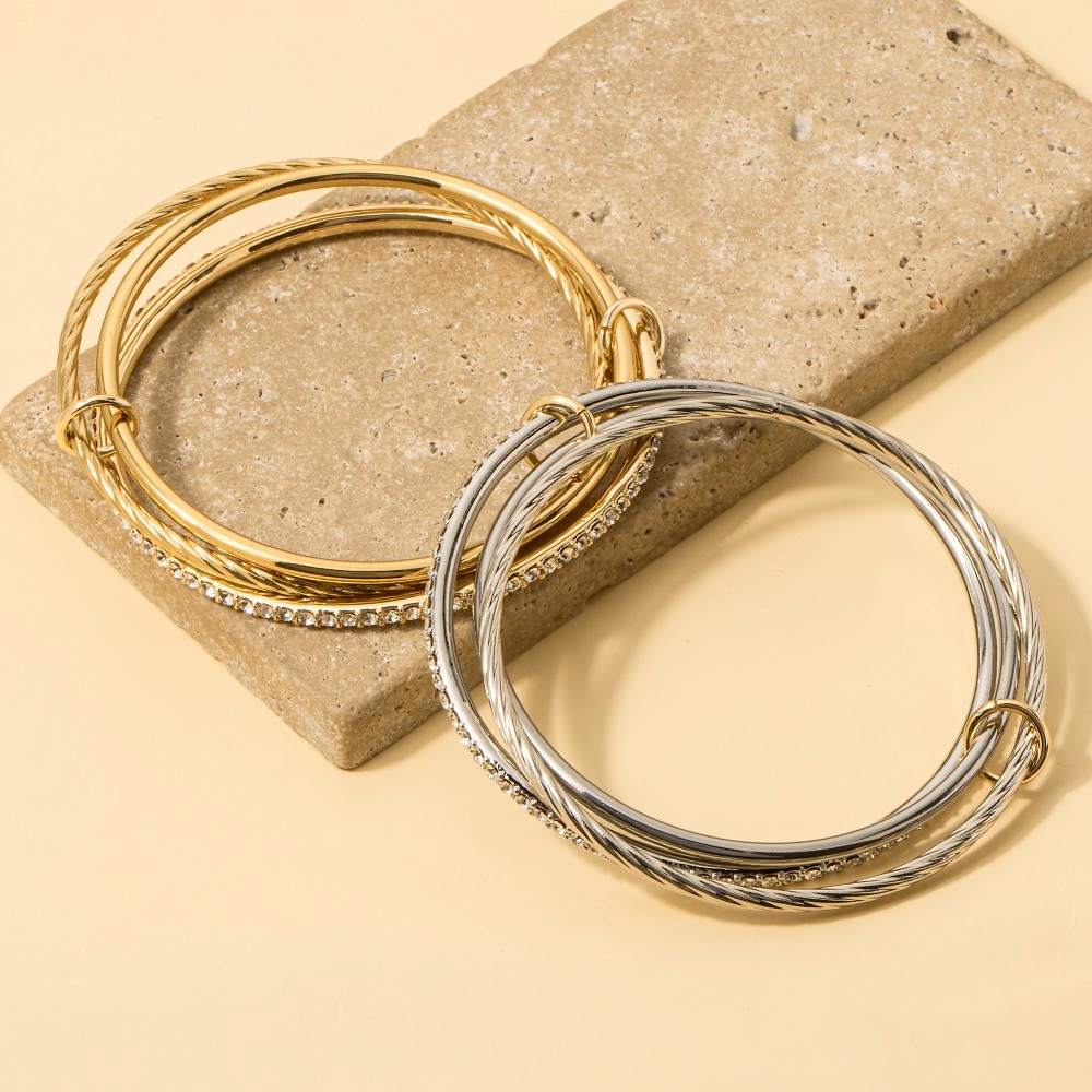 Gold Dipped Stainless Steel Cz Layered Bangle Bracelet Set