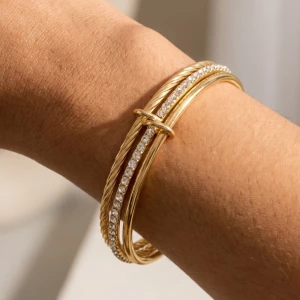 Gold Dipped Stainless Steel Cz Layered Bangle Bracelet Set