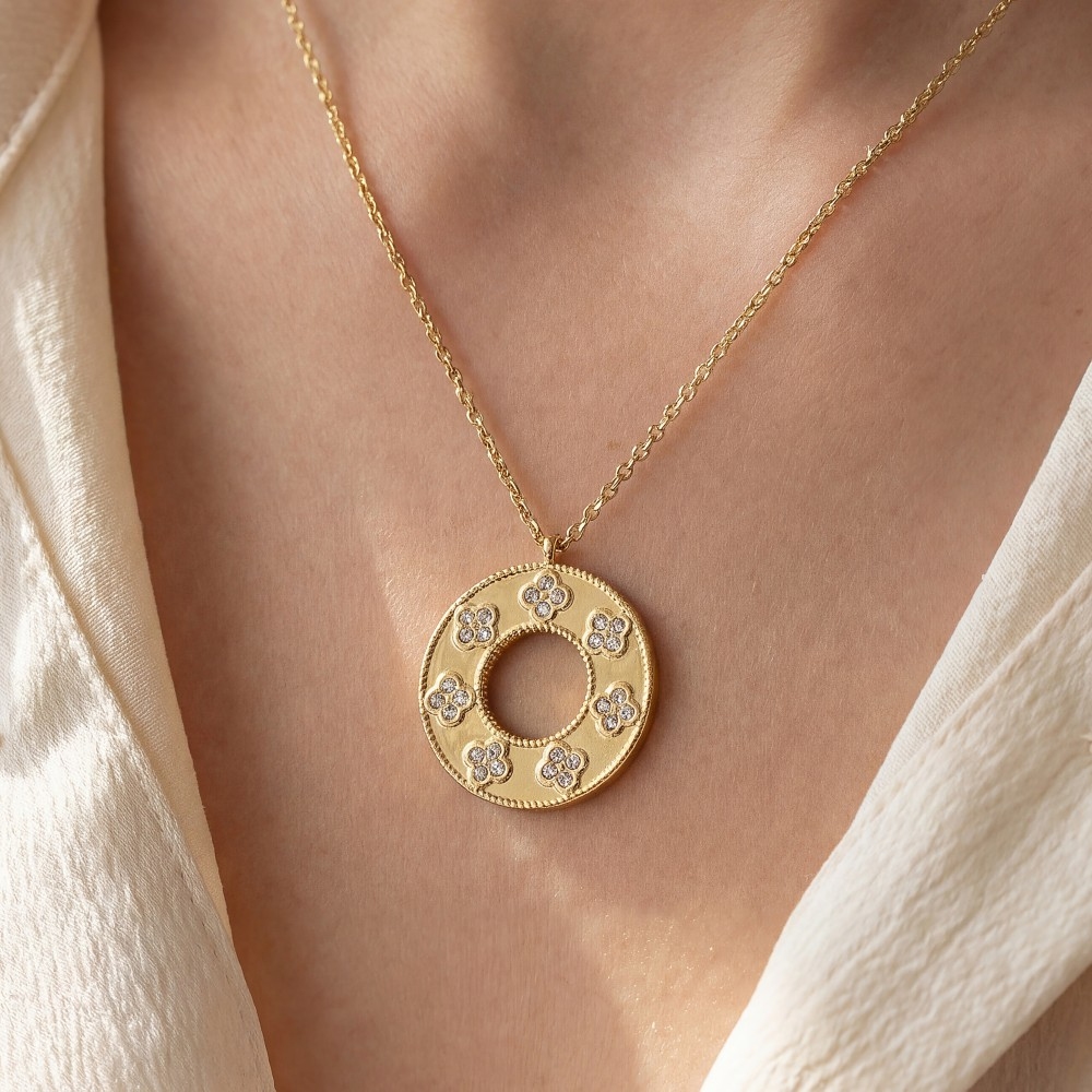 Studded Clovers Hoop Pendant Necklace