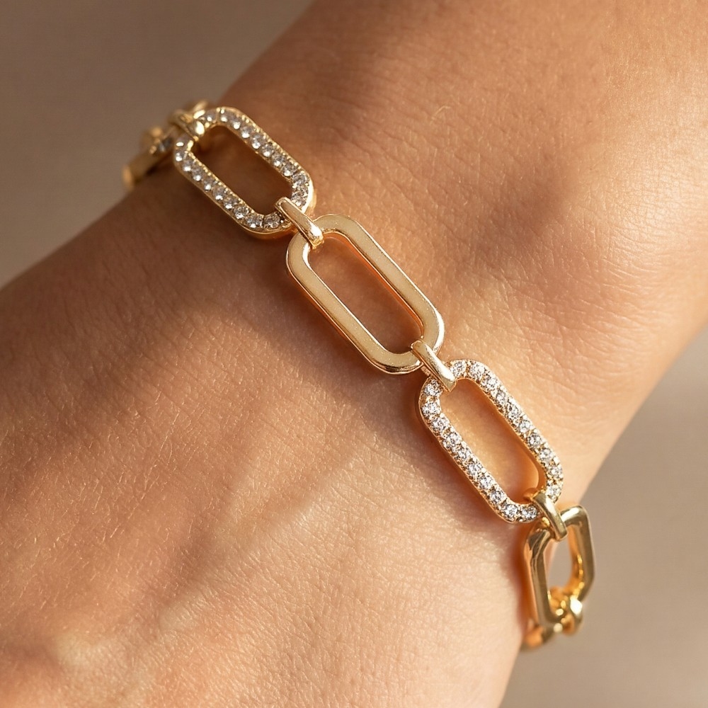 Gold Dipped Narrow Cz Oval Chain Bracelet