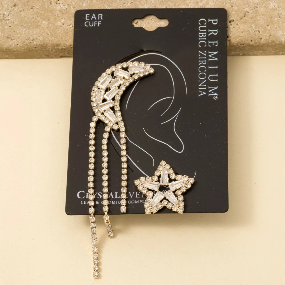 Moon Ear Cuff And Star Stud Cz Earrings Set