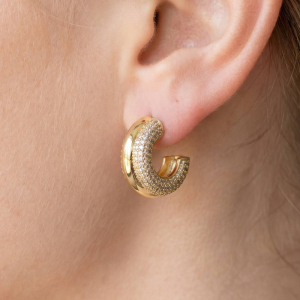 Gold Dipped Cz Pave Dome Hoop Earrings