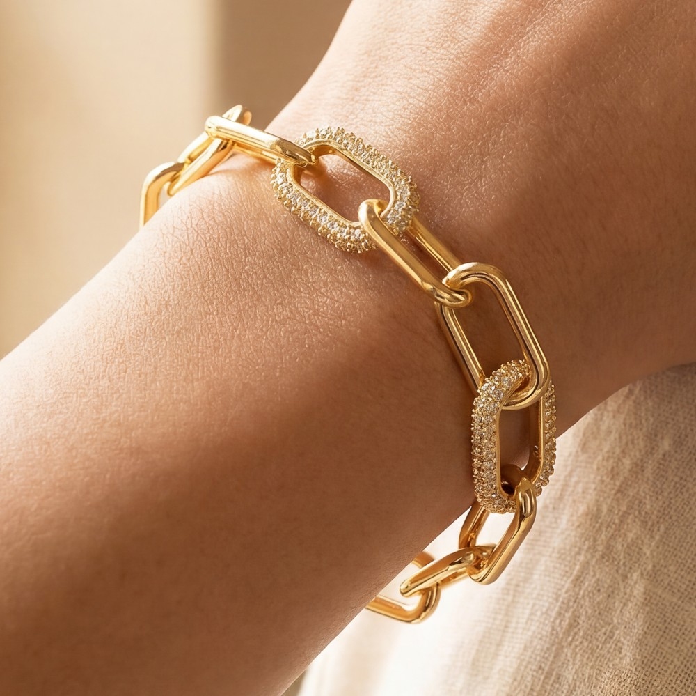 Gold Dipped Simple Cz Oval Toggle Chain Bracelet