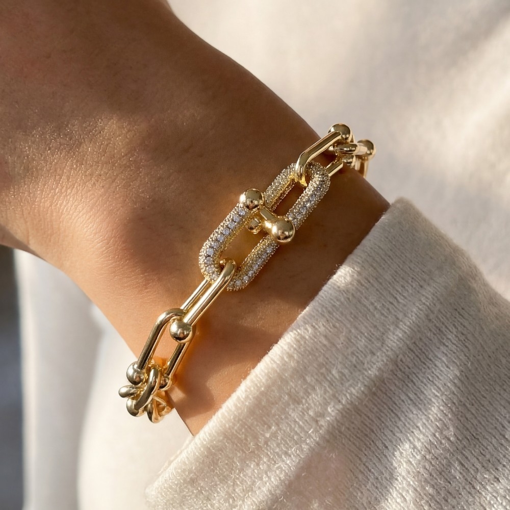 Gold Dipped Cz Pave U Link Chain Bracelet