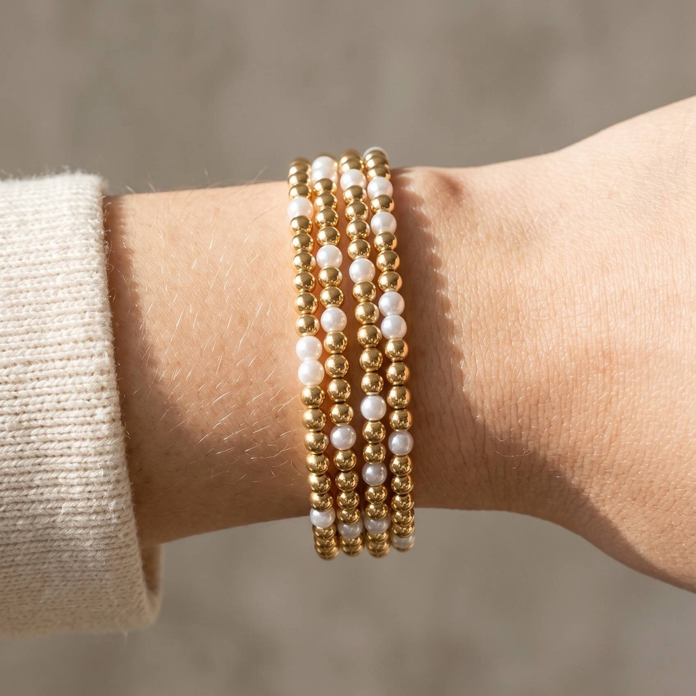 Gold Dipped Pearl And Bead Stretch Bracelet Set