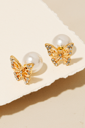 Pave Butterfly Pearl Stud Earrings