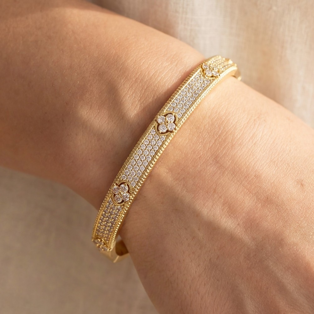 Pave Cz Clover Bangle Bracelet