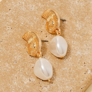 Metallic Sea Shell And Pearl Bead Charm Dangle Earrings