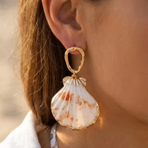 Clam Shell Charm Hoop Stud Drop Earrings