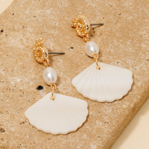 Sea Shell And Pearl Bead Dangle Earrings
