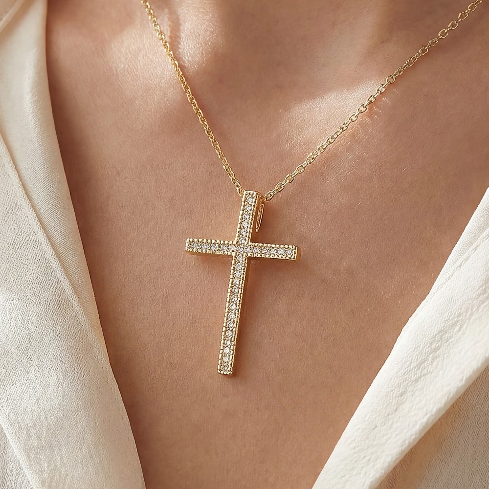 Gold Dipped Cz Pave Cross Pendant Necklace