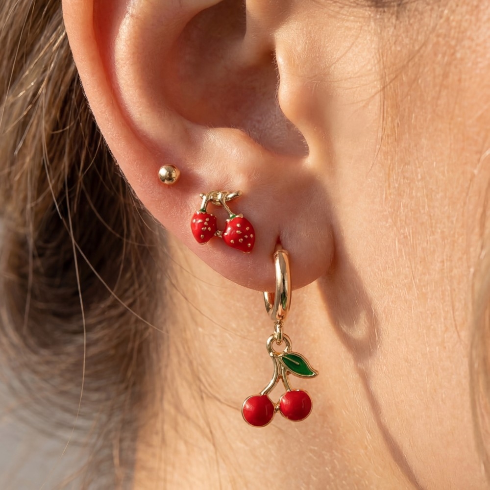 Enamel Cherries And Strawberries Earrings Set