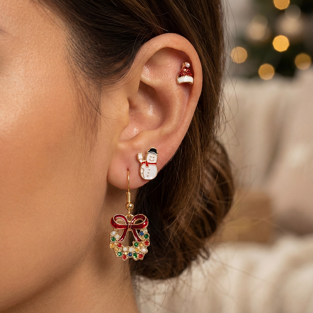Festive Enamel Christmas Stud And Dangle Earrings Set
