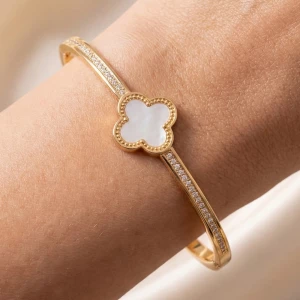 Cz Clover Hinged Bangle Bracelet