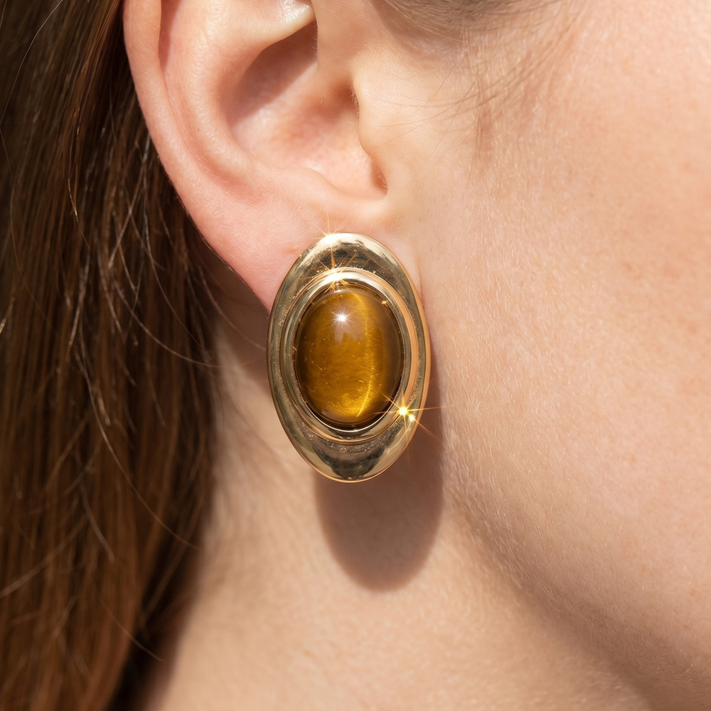 Tiger Eye Print Oval Cabochon Stud Earrings
